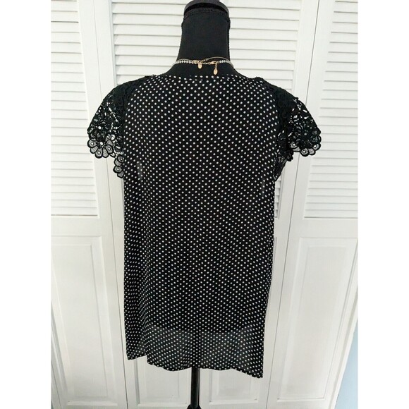 Philosophy Top Womens Sz 1X Black Polka dot Chiffon Lace Cap Slv Cocktail Blouse - Picture 6 of 10